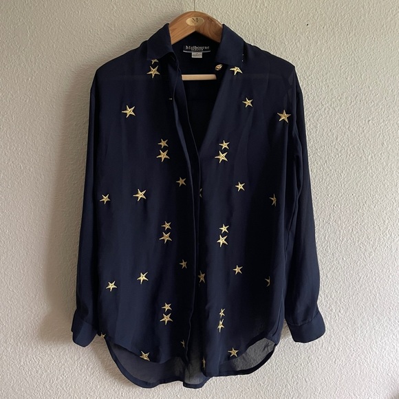 Vintage Embroidered Gold Star Blouse Sheer Button Up - Picture 1 of 10